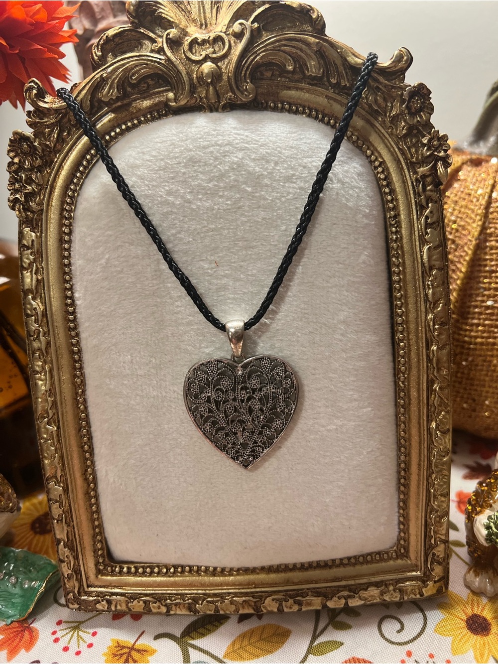 Delicate Heart Filigree Pendant Necklace in Silver and Black Cord